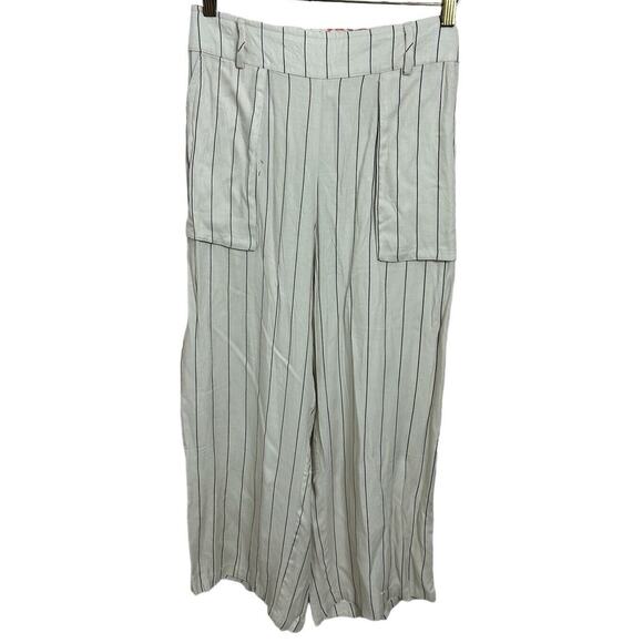Luna Moon Beige Striped Wide Leg Paper Bag Pants Sz M Relaxed Comfy Pockets - Picture 6 of 6